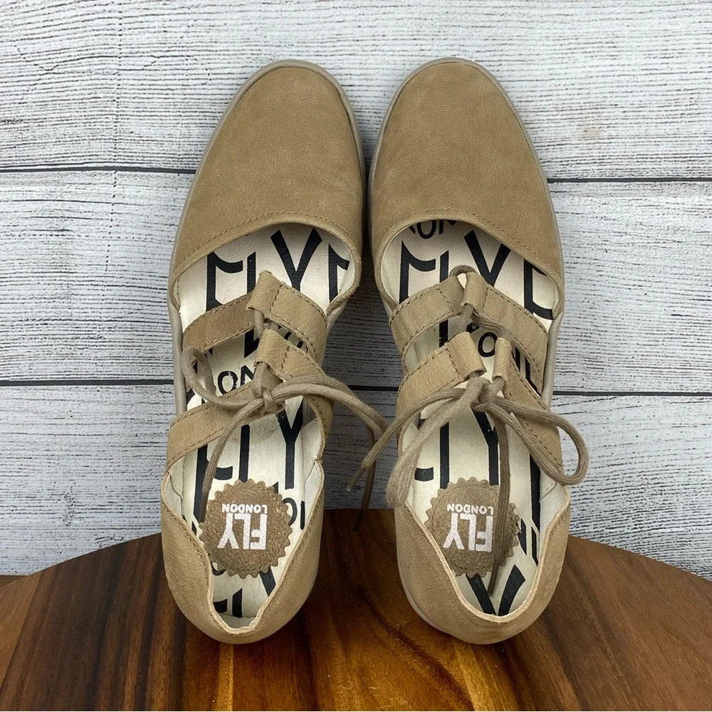 Fly London Poma Tan Nubuck Leather Lace Up Wedges Women’s Shoe Size 8.5 EU 39